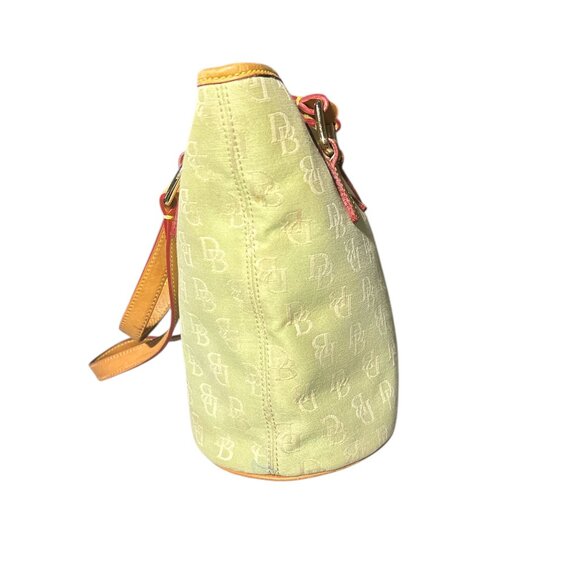 Dooney & Bourke Light Green Monogram Canvas Bucket Tote Bag With Leather Trim - Picture 5 of 16